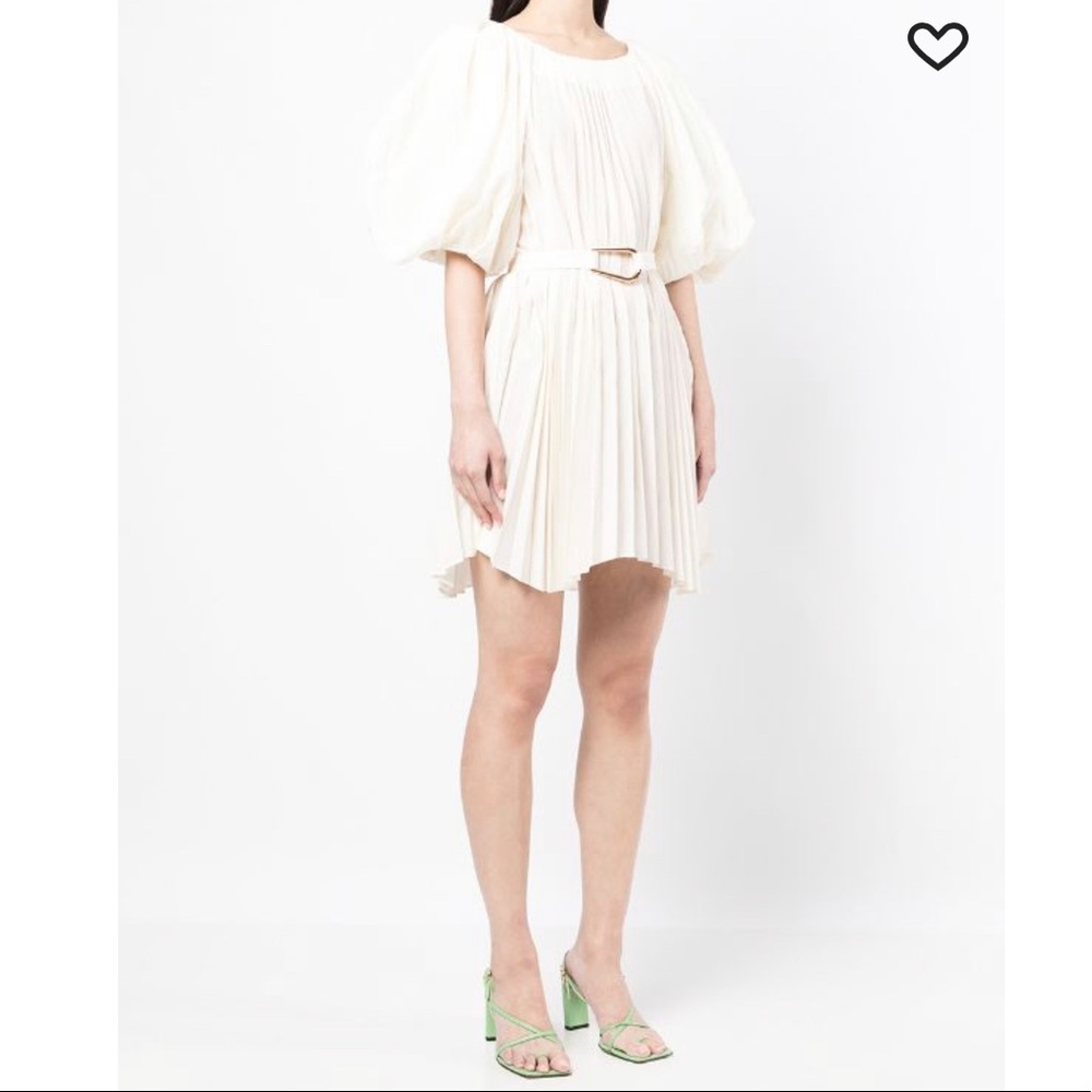 Alcer Pleated White Puff Sleeve Mini Dress